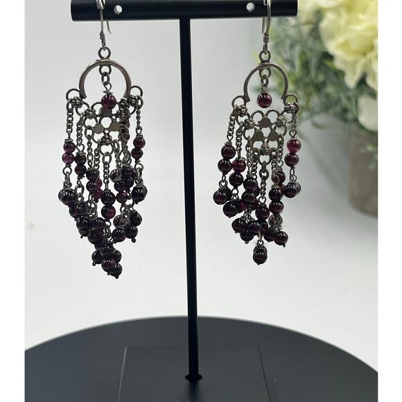 Sterling Silver 925 Garnet Beaded Chandelier Dangle Flowing Earrings January - Picture 1 of 7